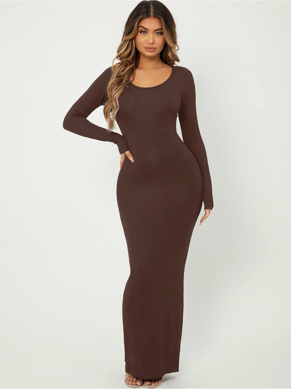 Chocolate Brown Long Sleeve Scoop Neck Maxi Dress